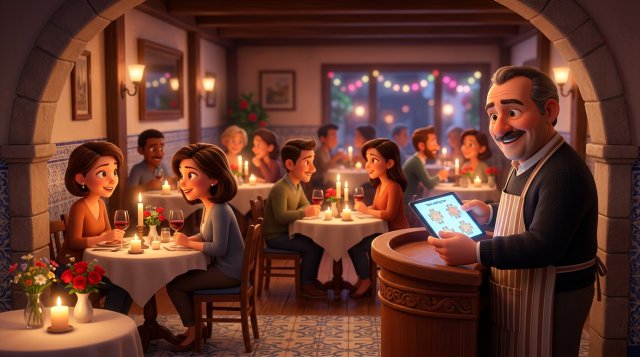 Ilustração de uma sala de restaurante cheia numa noite de São Valentim em Portugal, mesas para dois com velas e um restaurador a consultar o plano de sala num tablet