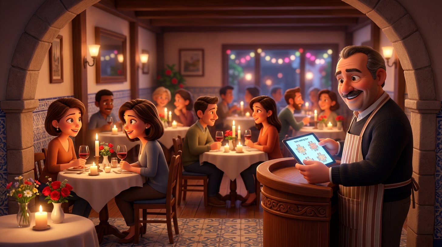 Ilustração de uma sala de restaurante cheia numa noite de São Valentim em Portugal, mesas para dois com velas e um restaurador a consultar o plano de sala num tablet