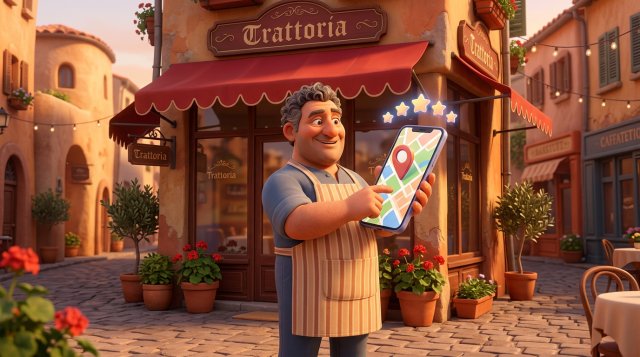 Ristoratore orgoglioso davanti alla sua trattoria con lo smartphone che mostra la scheda Google su una mappa con un segnaposto