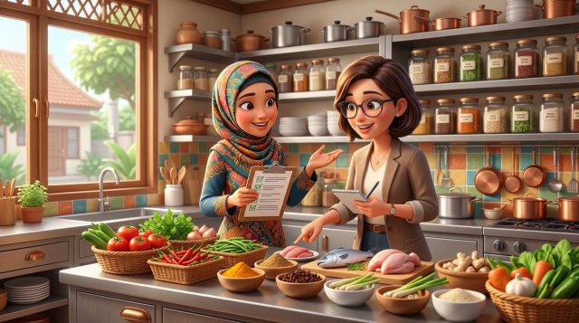 Ilustrasi 3D pemilik restoran berhijab memeriksa daftar bahan baku bersama seorang pendamping di dapur restoran yang bersih
