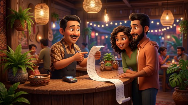Ilustrasi 3D kasir restoran menjelaskan rincian struk berisi service charge dan pajak kepada tamu di meja kasir