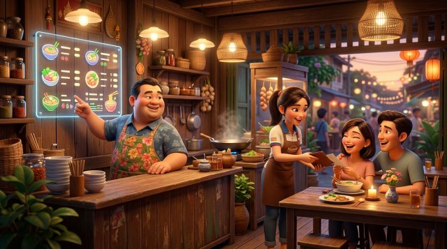 เจ้าของร้านอาหารไทยชี้ป้ายเมนูที่แสดงราคาชัดเจน ขณะพนักงานยื่นแฟ้มบิลให้ลูกค้าที่โต๊ะในร้านบรรยากาศอบอุ่น