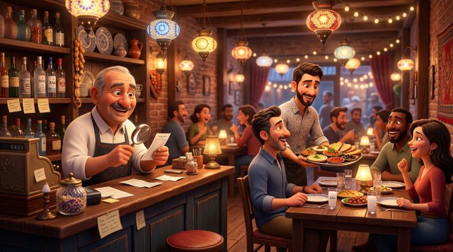 Sıcak bir meyhane salonunda adisyonu büyüteçle inceleyen restoran işletmecisi ve misafir masasına mezeleri servis eden garsonun 3D illüstrasyonu