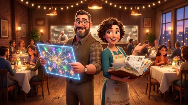 Two restaurant owners back to back in a candlelit dining room, one holding a glowing map covered with diner pins, the other a binder full of guest profile cards and charts