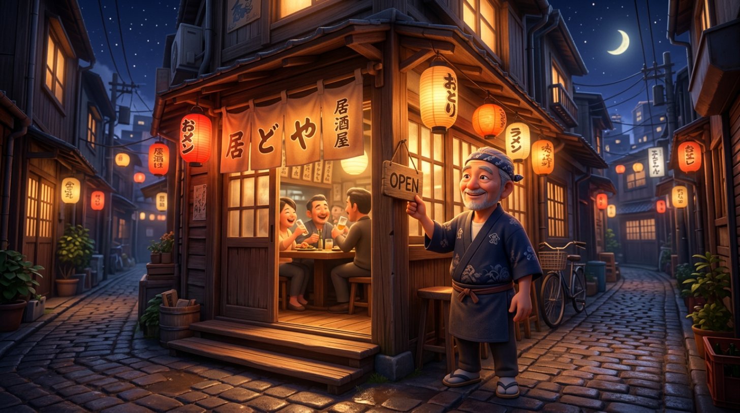 三日月の夜、静かな路地で提灯の明かりに照らされた小さな居酒屋の店先で店主が看板を掛け替えるイラスト