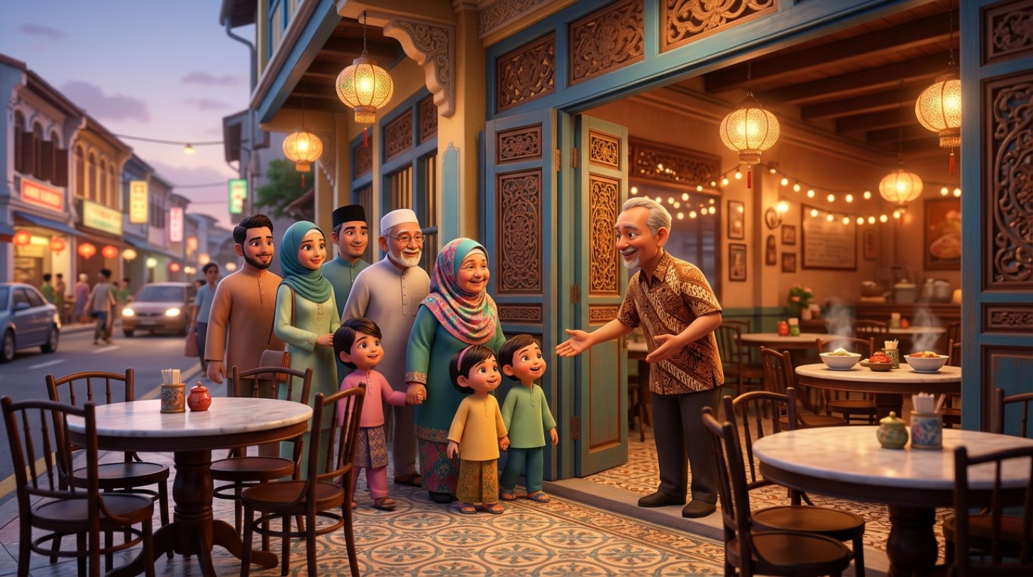 Ilustrasi 3D pemilik restoran Malaysia menyambut keluarga pelbagai generasi di pintu restoran bergaya kopitiam dalam rumah kedai warisan pada waktu senja