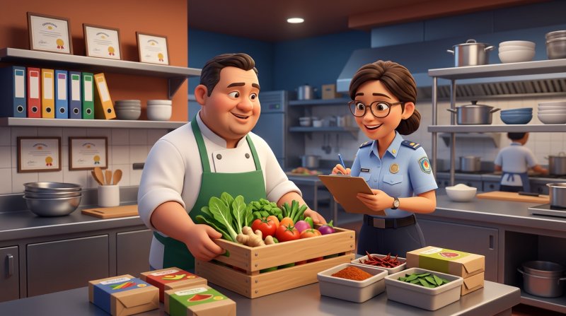 Ilustrasi 3D tukang masak dan pegawai audit memeriksa bekalan bahan mentah segar berpandukan senarai semak di dapur restoran Malaysia yang bersih