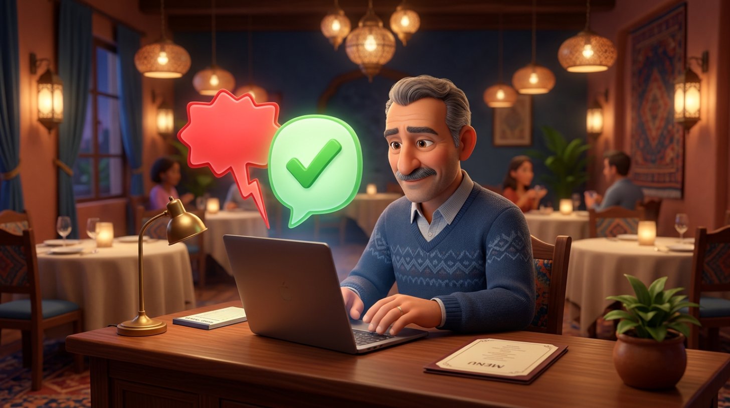 Akşam servisinden sonra karşılama bankosundaki dizüstü bilgisayarından, kırmızı şikâyet balonunu yeşil onay balonuna dönüştüren sakin bir restoran işletmecisinin 3D illüstrasyonu