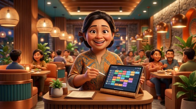 Ilustrasi 3D pemilik restoran Indonesia tersenyum di depan tablet berisi jadwal reservasi penuh di restoran modern yang hangat