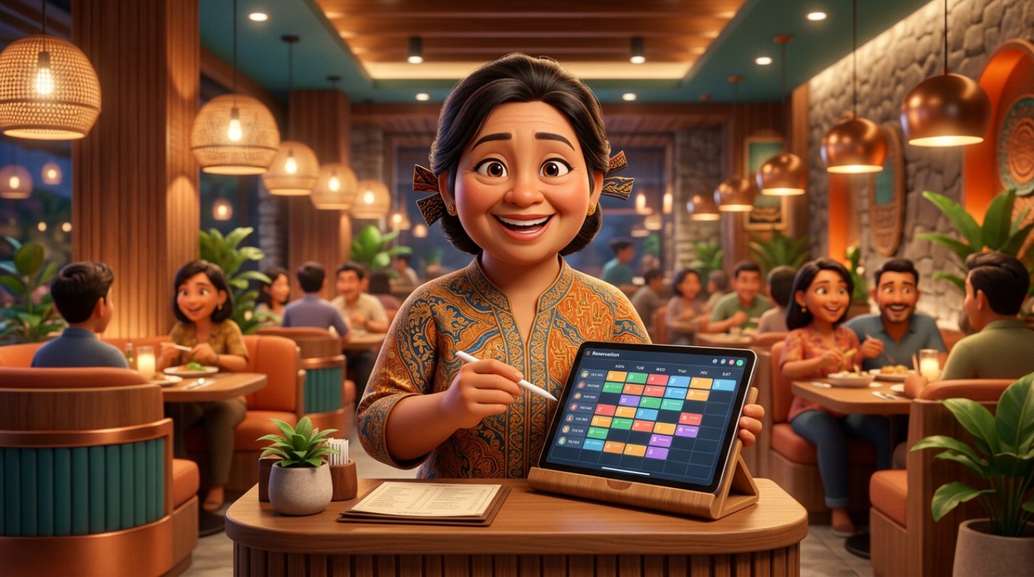 Ilustrasi 3D pemilik restoran Indonesia tersenyum di depan tablet berisi jadwal reservasi penuh di restoran modern yang hangat
