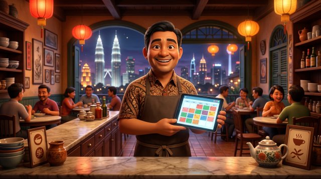 Pemilik restoran Malaysia tersenyum di kaunter marmar kopitiam sambil memegang tablet yang memaparkan kalendar tempahan penuh, dengan menara KLCC kelihatan di luar tingkap