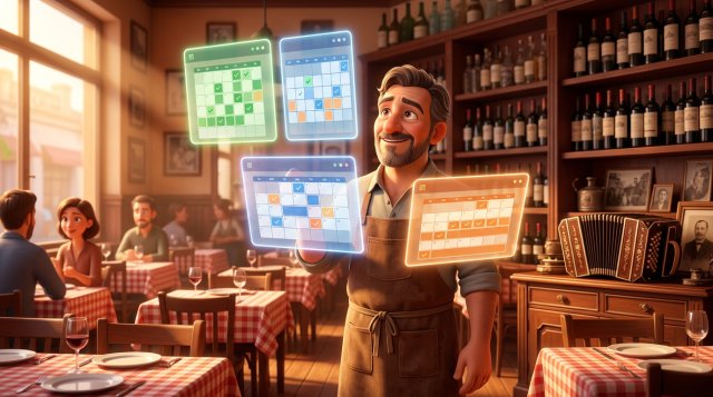 Dueño de restaurante porteño compara en el salón de su bodegón tres pantallas flotantes con calendarios de reservas