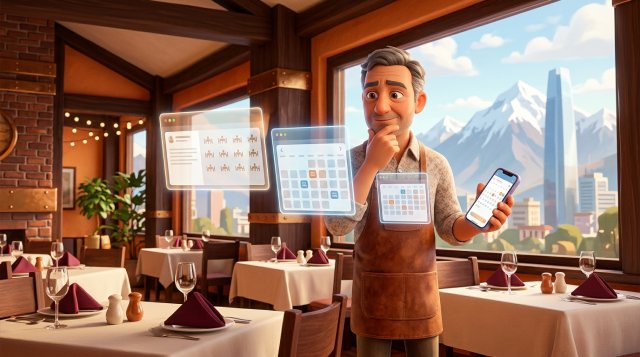 Dueño de restaurante chileno compara en su salón tres pantallas flotantes con calendarios de reservas distintos