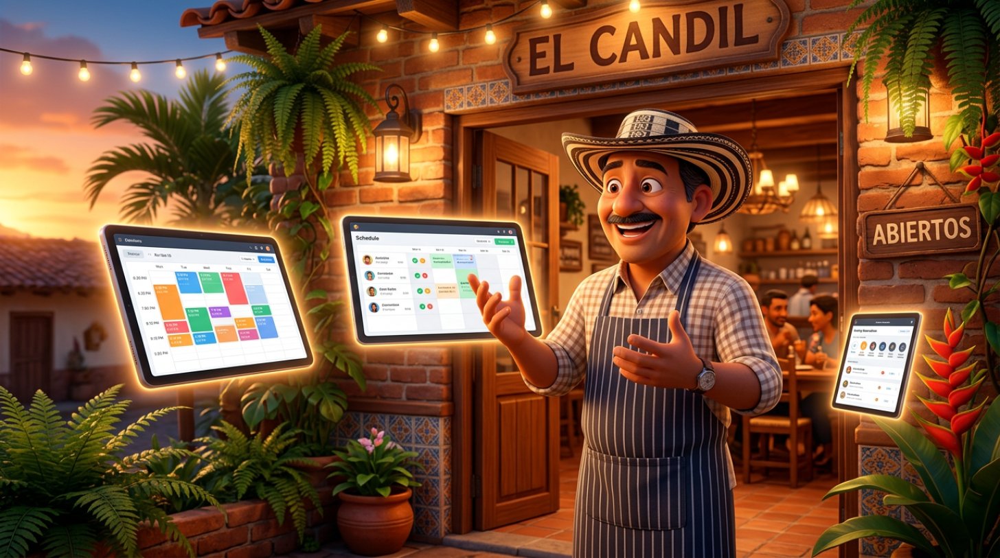 Dueño de restaurante colombiano compara en la entrada de su local tres tabletas flotantes con distintos calendarios de reservas