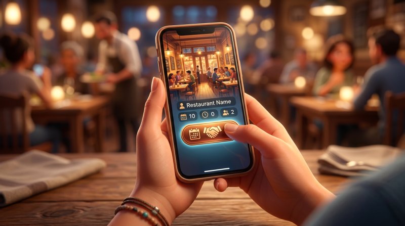Mains d'un client tenant un smartphone affichant la page d'un restaurant avec un bouton de réservation bien visible