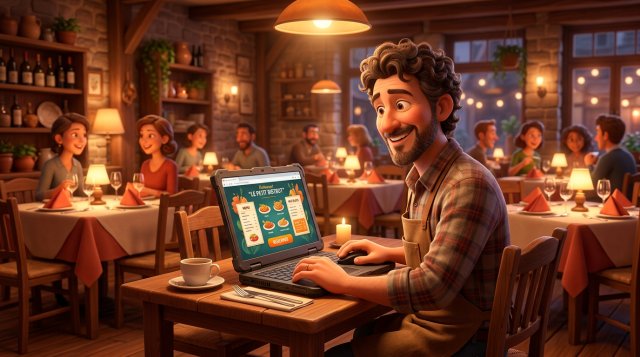 Illustration d'un restaurateur consultant le site internet de son restaurant sur un ordinateur portable dans sa salle