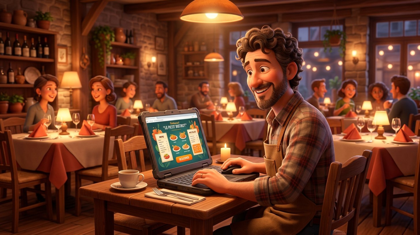 Illustration d'un restaurateur consultant le site internet de son restaurant sur un ordinateur portable dans sa salle