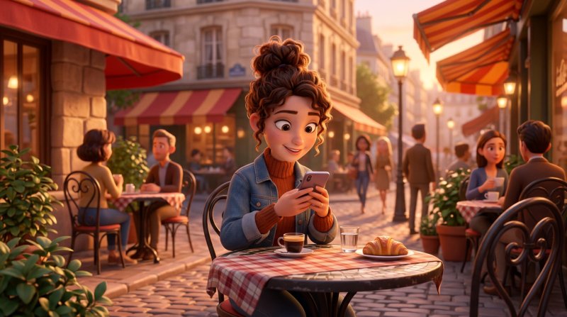 Une cliente en terrasse consulte le menu d'un restaurant sur son smartphone, plats et prix lisibles à l'écran