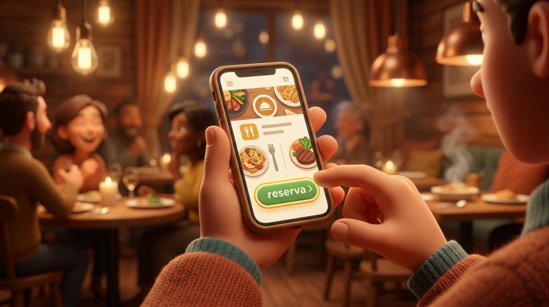 Mãos de um cliente a segurar um smartphone com a página de um restaurante e um botão de reserva bem visível