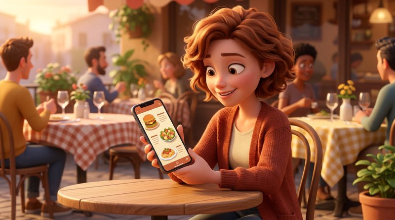 Cliente numa esplanada a consultar o menu de um restaurante no smartphone, com pratos e preços legíveis no ecrã