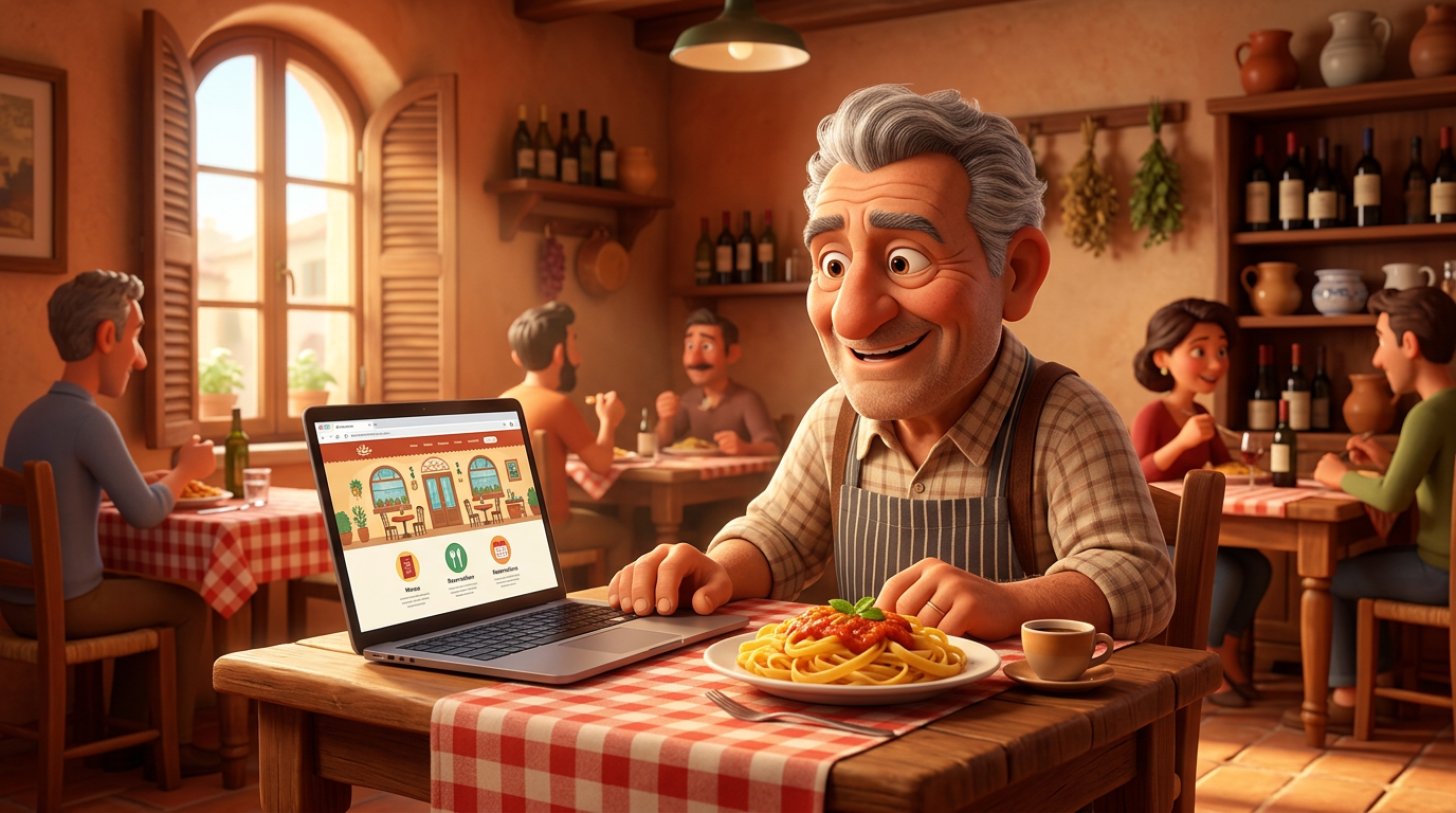 Illustrazione di un ristoratore italiano che guarda il sito web del suo ristorante sul portatile, al tavolo della sua trattoria