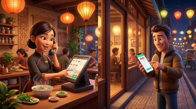 Minh họa hai cảnh song song: nhân viên nhà hàng Việt ghi đặt bàn vào màn hình POS tại quầy, bên cạnh là thực khách tự đặt bàn online trên điện thoại ngoài phố đêm
