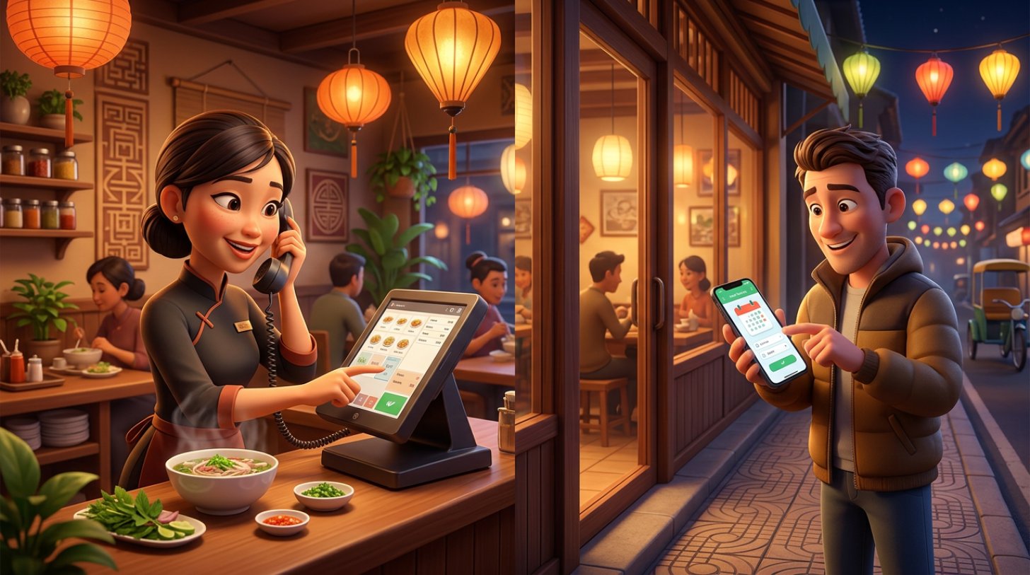 Minh họa hai cảnh song song: nhân viên nhà hàng Việt ghi đặt bàn vào màn hình POS tại quầy, bên cạnh là thực khách tự đặt bàn online trên điện thoại ngoài phố đêm