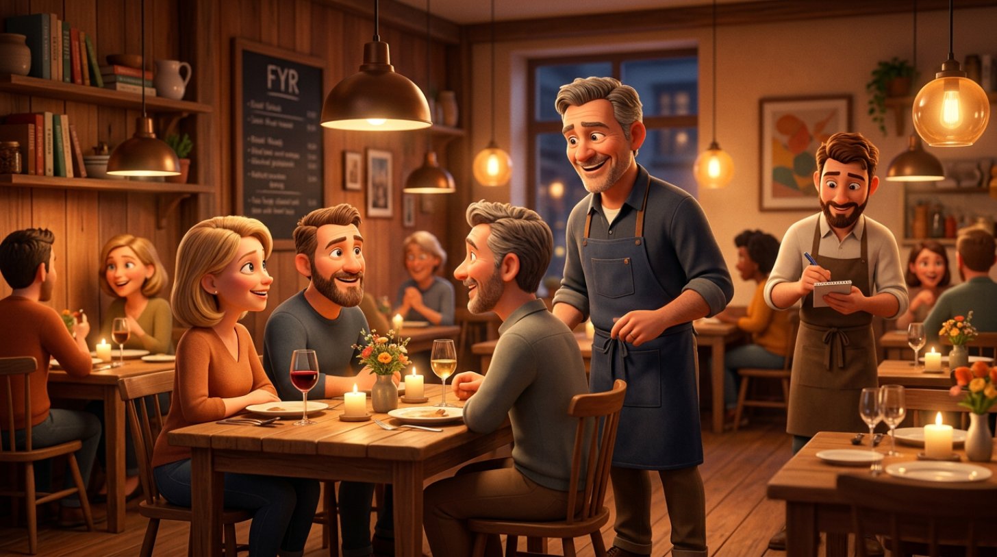 Restauratør lytter til gæsters feedback i en halvfuld restaurant under en prøveaften før den officielle åbning i Danmark