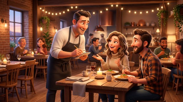 Illustratie van een chef-eigenaar die tijdens een proefavond feedback vraagt aan gasten in een halfvolle restaurantzaal