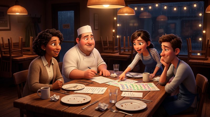 Restaurantteam sitzt nach Feierabend mit Notizen und Checkliste am großen Holztisch und bespricht den Testabend