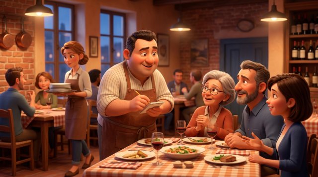 Ilustración de un chef propietario escuchando las opiniones de unos invitados en una sala a media capacidad durante una cena de prueba