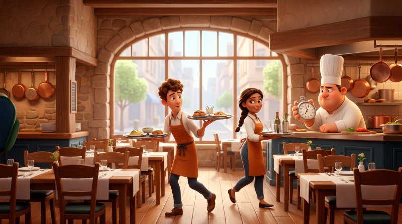 Екипът на ресторант репетира сервиз в празния салон преди отваряне, докато готвачът следи времето