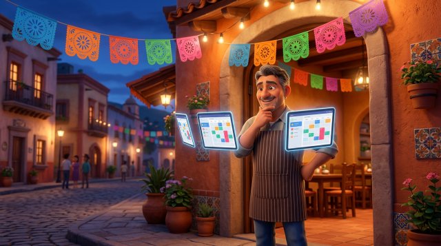 Restaurantero mexicano con delantal compara en la entrada de su local, decorado con papel picado, tres tabletas flotantes con distintos calendarios de reservaciones