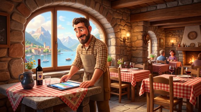 Ristoratore ticinese che consulta il planning delle riservazioni su un tablet nella sala del suo grotto, con il lago e le montagne visibili dalla finestra