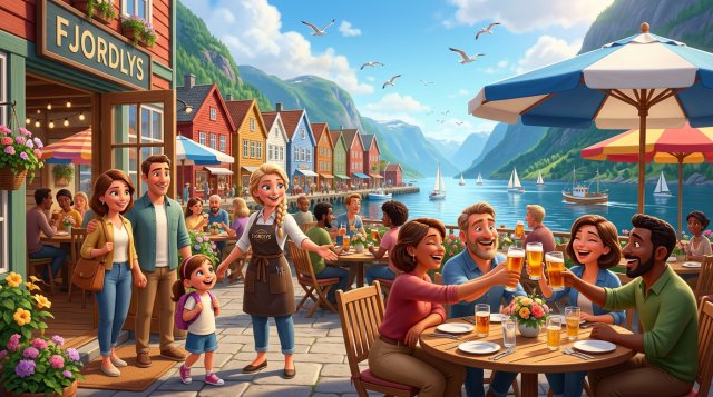 Solrik restaurantterrasse ved en norsk fjordby med gjester under parasoller og en vertinne som ønsker velkommen