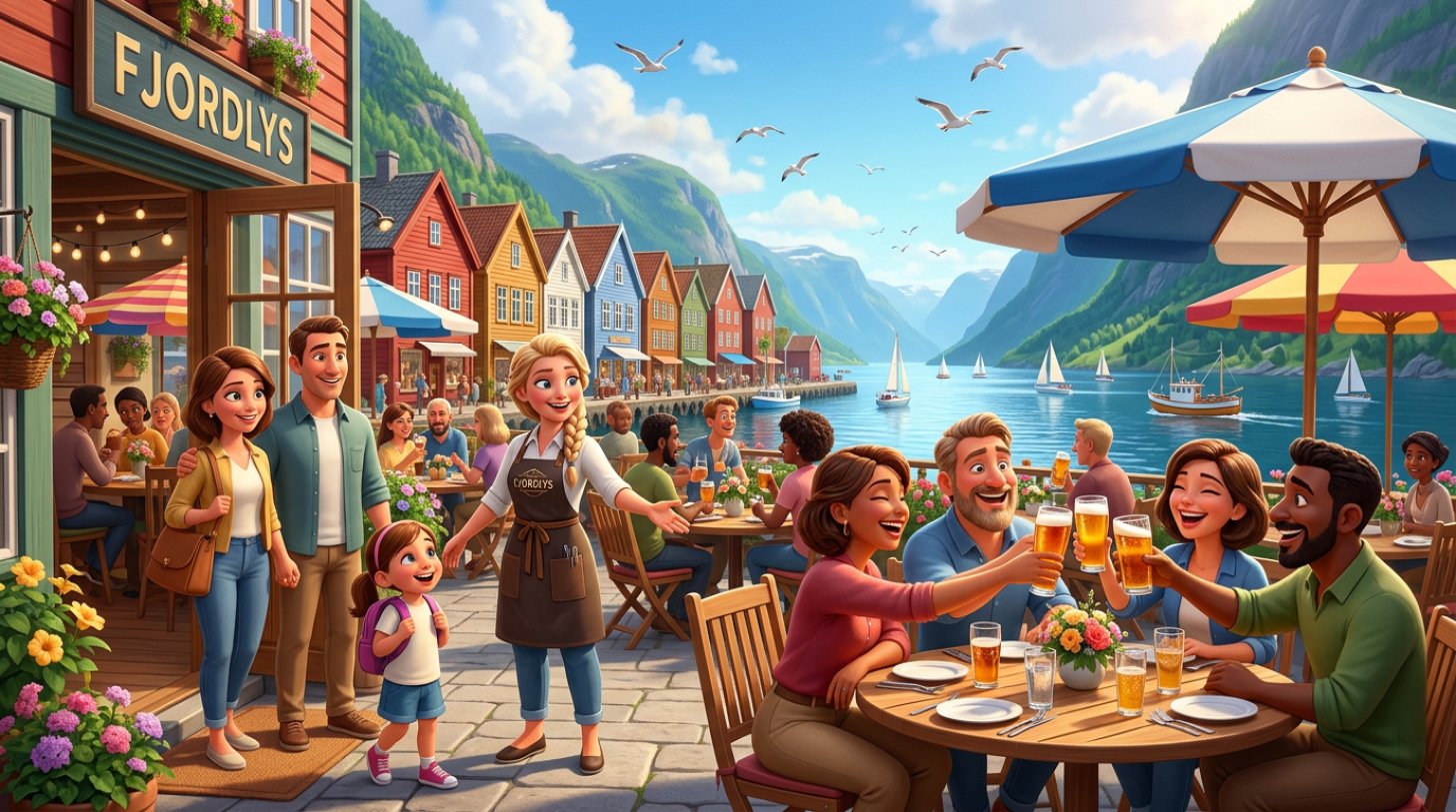 Solrik restaurantterrasse ved en norsk fjordby med gjester under parasoller og en vertinne som ønsker velkommen