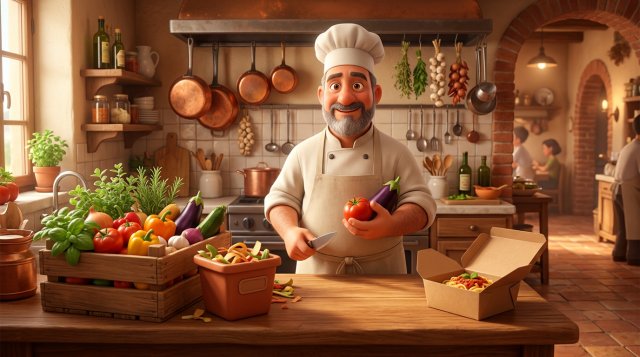 Illustrazione di un cuoco di ristorante al banco di lavoro, con una cassetta di verdure fresche da un lato e un contenitore per la raccolta dell'umido dall'altro