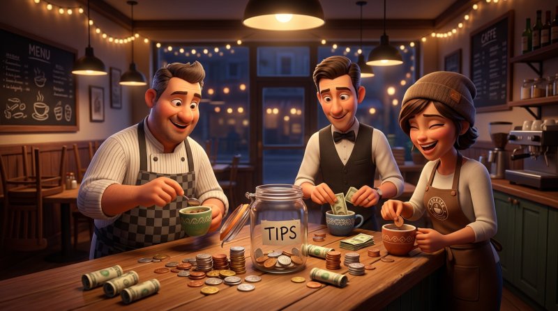 Kuchař, číšník a baristka po zavírací době rozdělují mince a bankovky ze skleněné dózy do tří kelímků