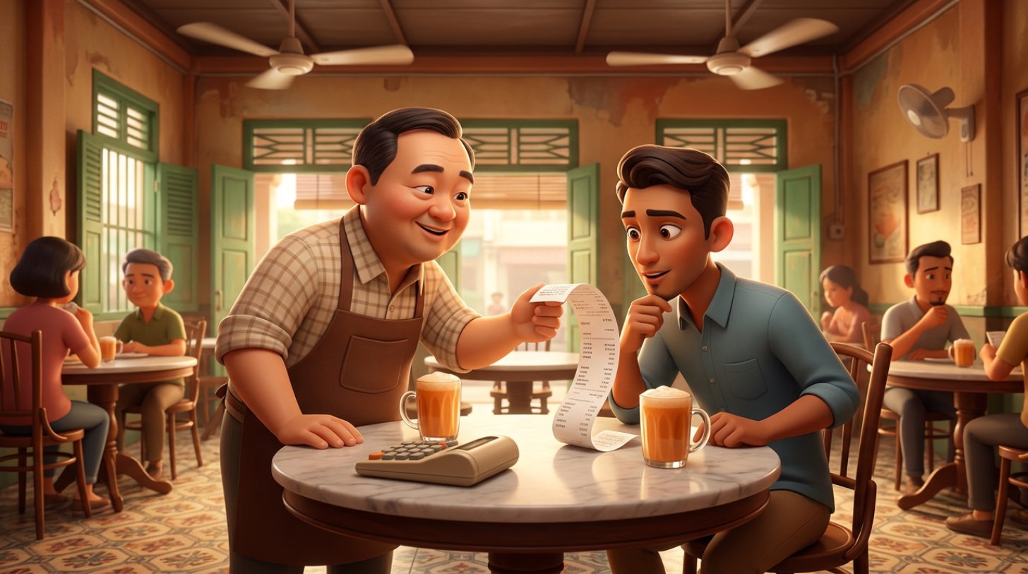 Illustration of a Malaysian restaurant owner at a kopitiam marble table explaining a printed bill to a curious diner, a calculator and teh tarik between them