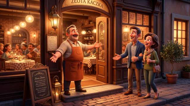 Restaurator serdecznie wita parę stałych gości w drzwiach przytulnej sąsiedzkiej restauracji