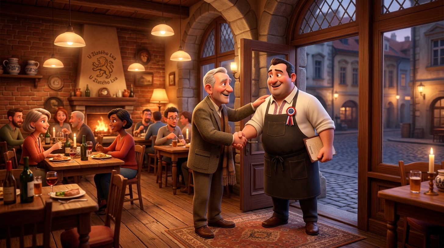 Usměvavý číšník vítá podáním ruky vracejícího se hosta u vchodu do útulné restaurace