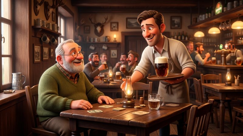Starší pán sedí u svého stolu v tradiční české hospodě a výčepní mu už nese pivo, které si nemusel objednávat