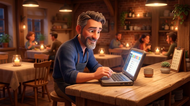 Restauratør gennemgår gæstehistorikken på en bærbar computer ved disken i sin restaurant