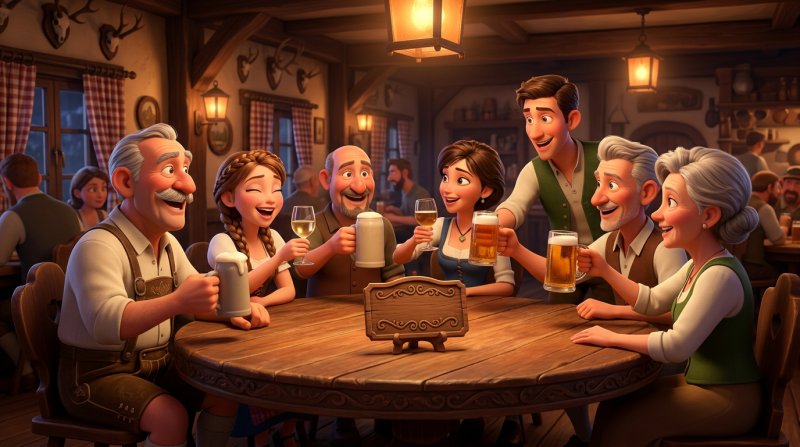 Fröhliche Stammtischrunde an einem runden Holztisch in einem rustikalen Gasthaus, mit Bierkrügen und Weingläsern