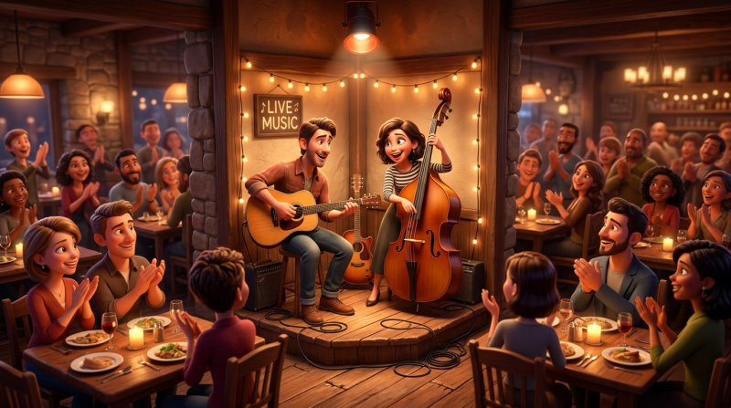 Band med gitarr och kontrabas spelar för applåderande gäster i en fullsatt restaurang