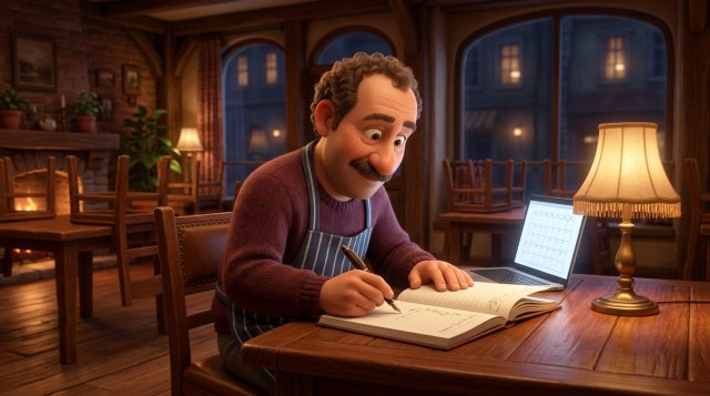 Restauratér večer v prázdné restauraci sepisuje do sešitu pravidla rezervací, vedle otevřený notebook s kalendářem
