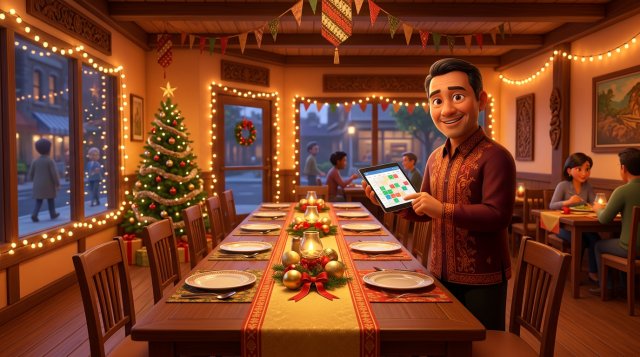 Ilustrasi 3D ruang makan restoran berhias lampu dan pohon Natal dengan meja panjang untuk rombongan kantor, pemilik restoran tersenyum memegang tablet berisi kalender reservasi