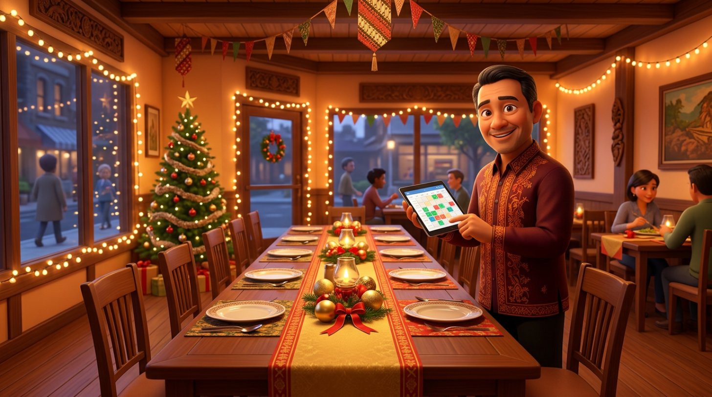 Ilustrasi 3D ruang makan restoran berhias lampu dan pohon Natal dengan meja panjang untuk rombongan kantor, pemilik restoran tersenyum memegang tablet berisi kalender reservasi