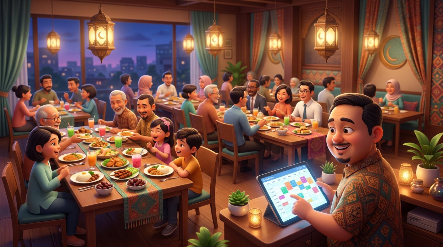 Ilustrasi 3D suasana restoran saat buka puasa bersama, keluarga dan rombongan kantor duduk di meja panjang dengan takjil dan kurma, pemilik restoran memeriksa daftar reservasi