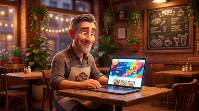 Uśmiechnięty restaurator przy stoliku w swoim lokalu ogląda na laptopie stronę internetową restauracji